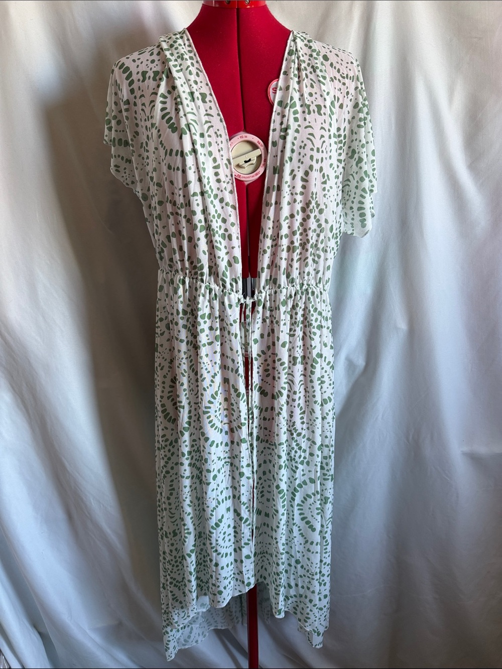 White and Green Printed Swim Coverup with Drawstring Waist